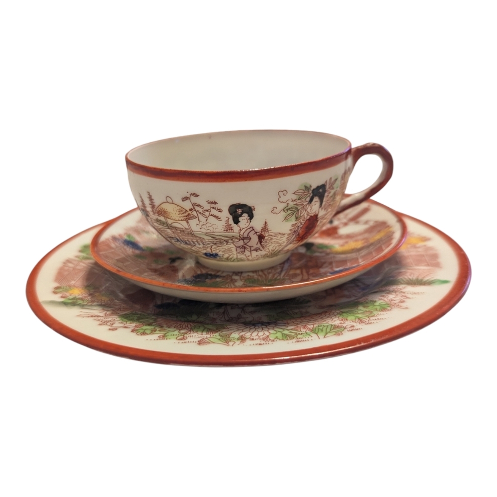 VTG King Paeying Geishas Japanese Garden Porcelain Teacup Saucer & Dessert Plate